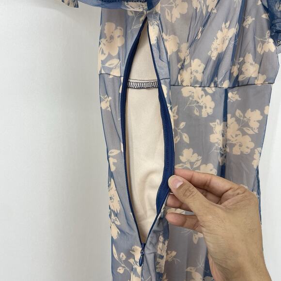 Lulus Size Large Babydoll Milkmaid Mini Dress Sheer Floral Blue Pink Romantic - Picture 8 of 10